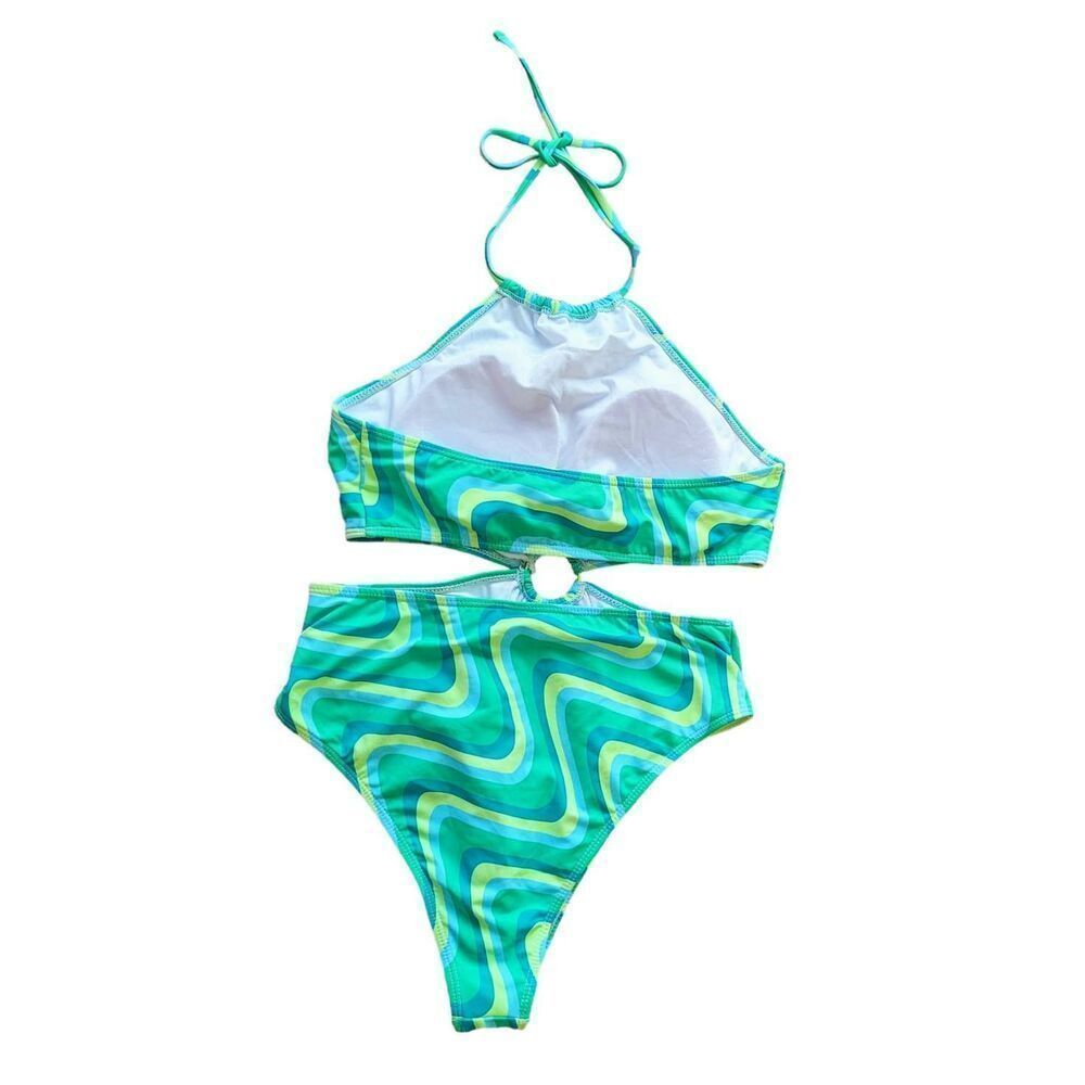Green Yellow Blue Swirl Cut Out Waist One Piece Bathing Swim Suit - Picture 3 of 6